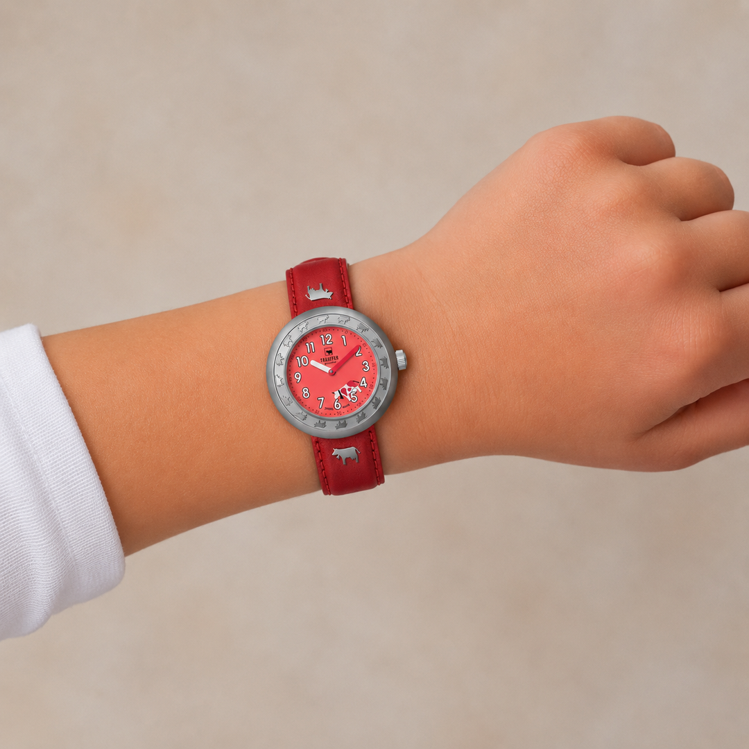 Trauffer Kids TR-AK-RE-01 Red Q Metall PVD grau ZB rot Arabisch mit Kuh Kunstleder 30mm