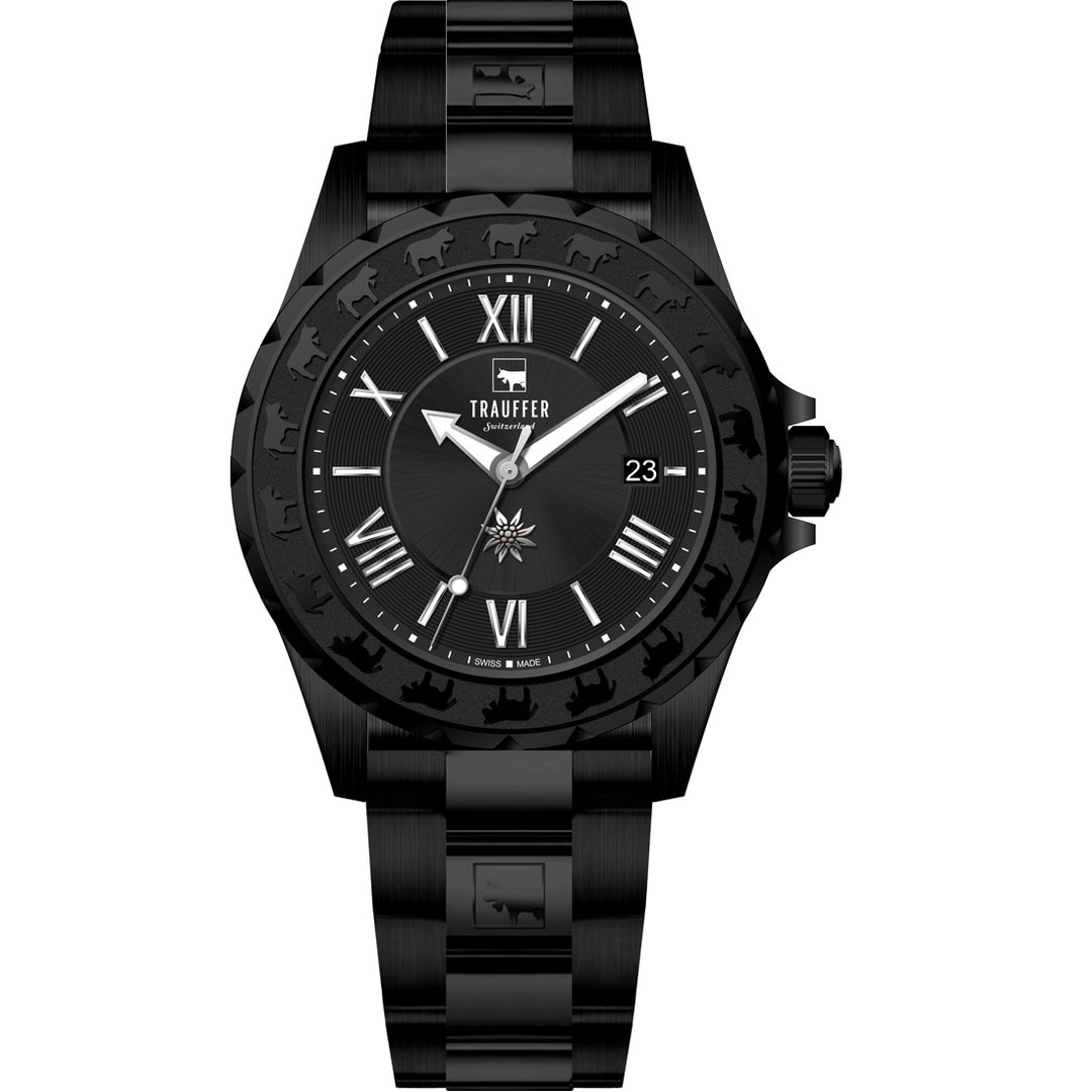 Trauffer Alpenaufzug TR-AG-02-NM-01 Q Stahl PVD schwarz ZB schwarz Römisch Metallband PVD schwarz