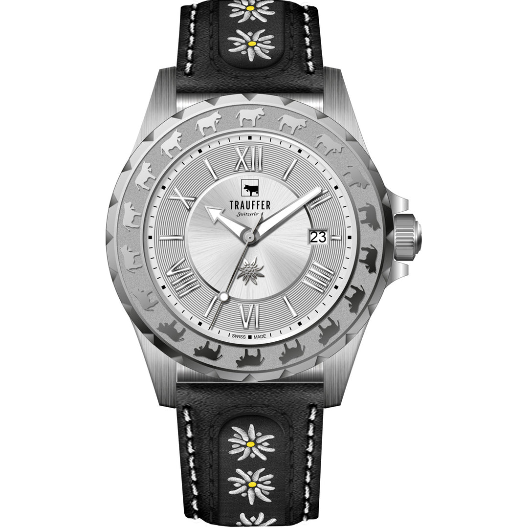 Trauffer Alpenaufzug TR-AG-01-SL-50 Q Stahl ZB Silber Römisch Lederband schwarz mit Edelweiss