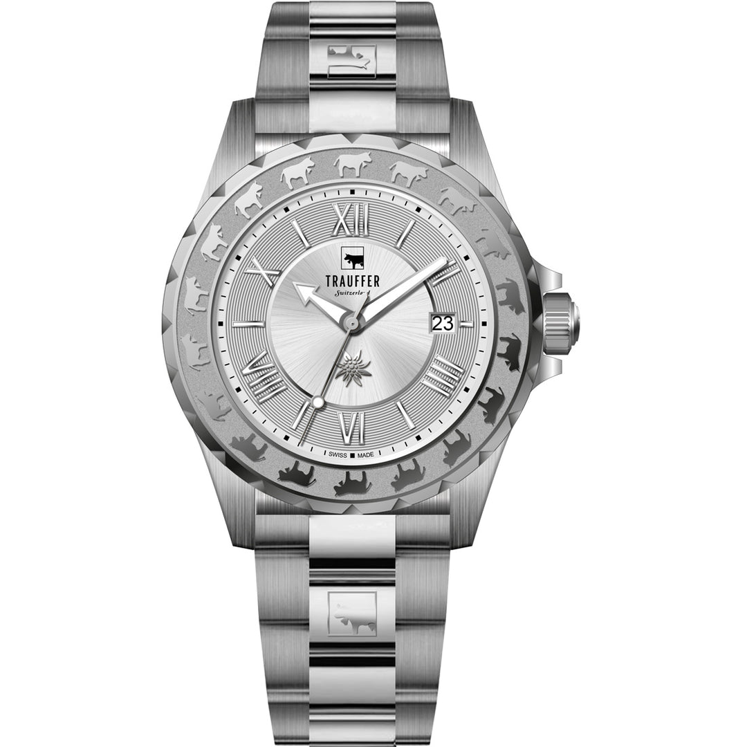 Trauffer Alpenaufzug TR-AL-01-SM-01 Q Stahl ZB Silber Römisch Metallband 34mm