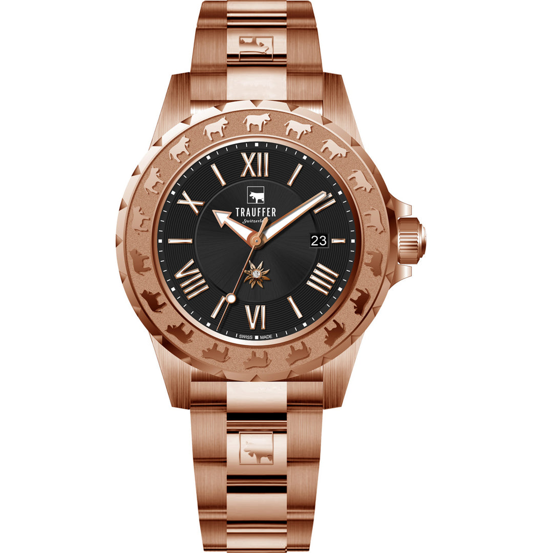 Trauffer Alpenaufzug TR-AL-02-RM-01 Q Stahl PVD rosè ZB schwarz Römisch Metallband PVD rosè
