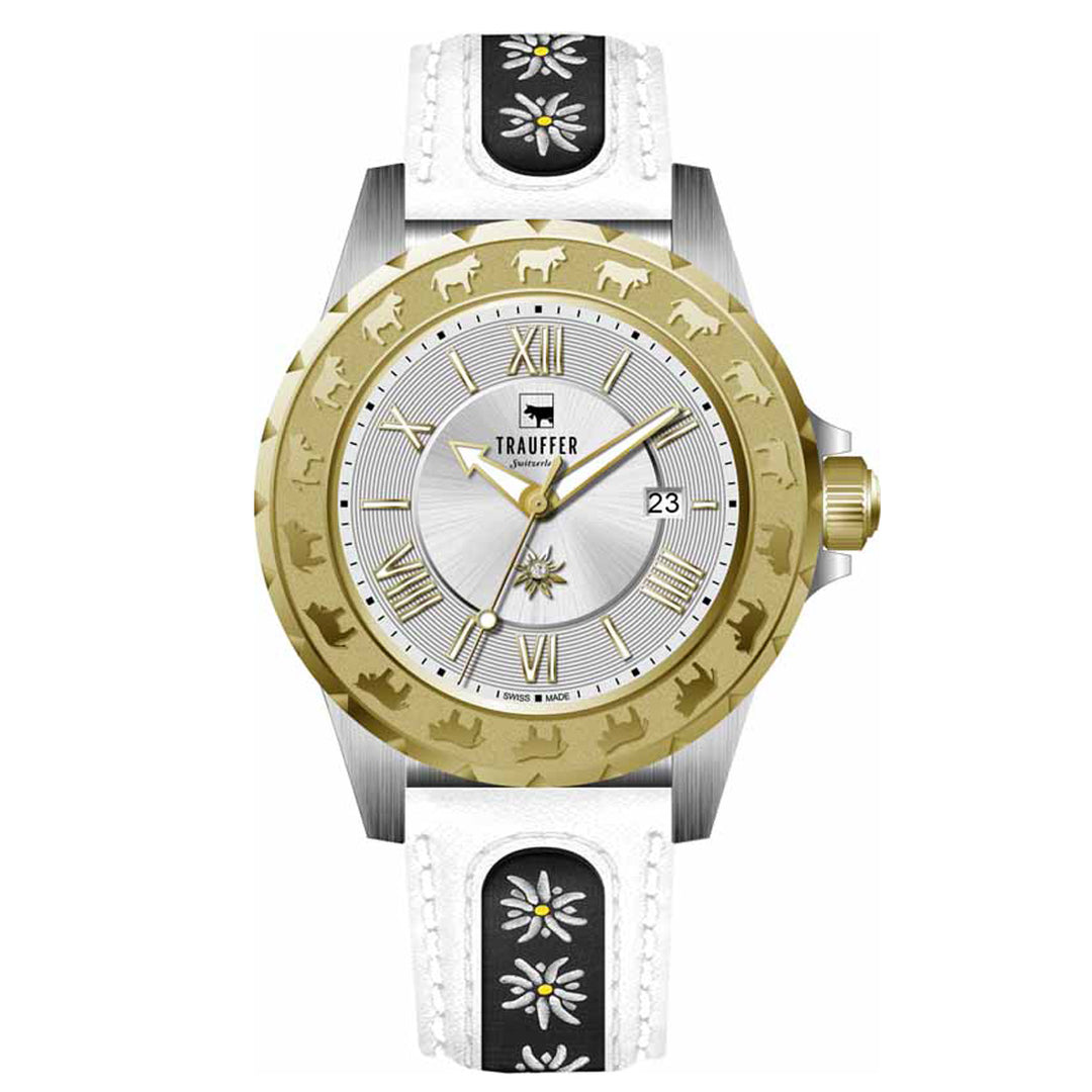 Trauffer Alpenaufzug TR-AL-01-BL-53 Q Stahl Bic gelb ZB Silber Römisch Lederband weiss mit Edelweiss