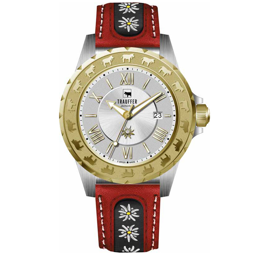 Trauffer Alpenaufzug TR-AL-01-BL-52 Q Stahl Bic gelb ZB Silber Römisch Lederband rot mit Edelweiss