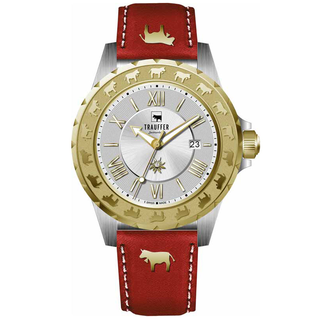Trauffer Alpenaufzug Q acier Bic jaune ZB argent chiffres romains bracelet en cuir rouge avec vache