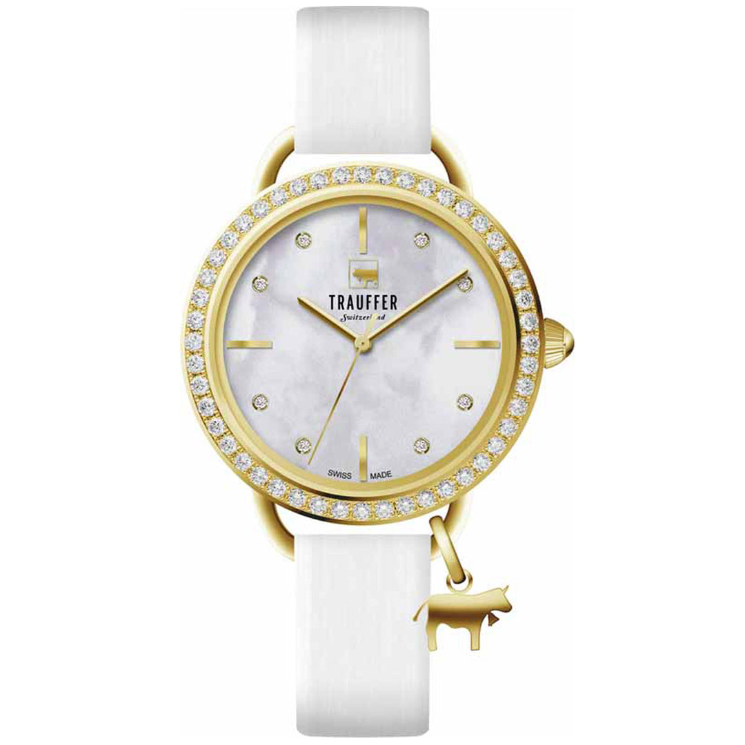 Trauffer Alpencharms TR-CH-01-GL-01 Swarovski Lunette Q Stahl PVD gelb ZB Perlmutt Index Stein Lederband weiss mit Charms