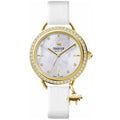 Trauffer Alpencharms TR-CH-01-GL-01 Lunette Swarovski Q acier PVD jaune Cadran nacre Index pierre Bracelet cuir blanc avec charms