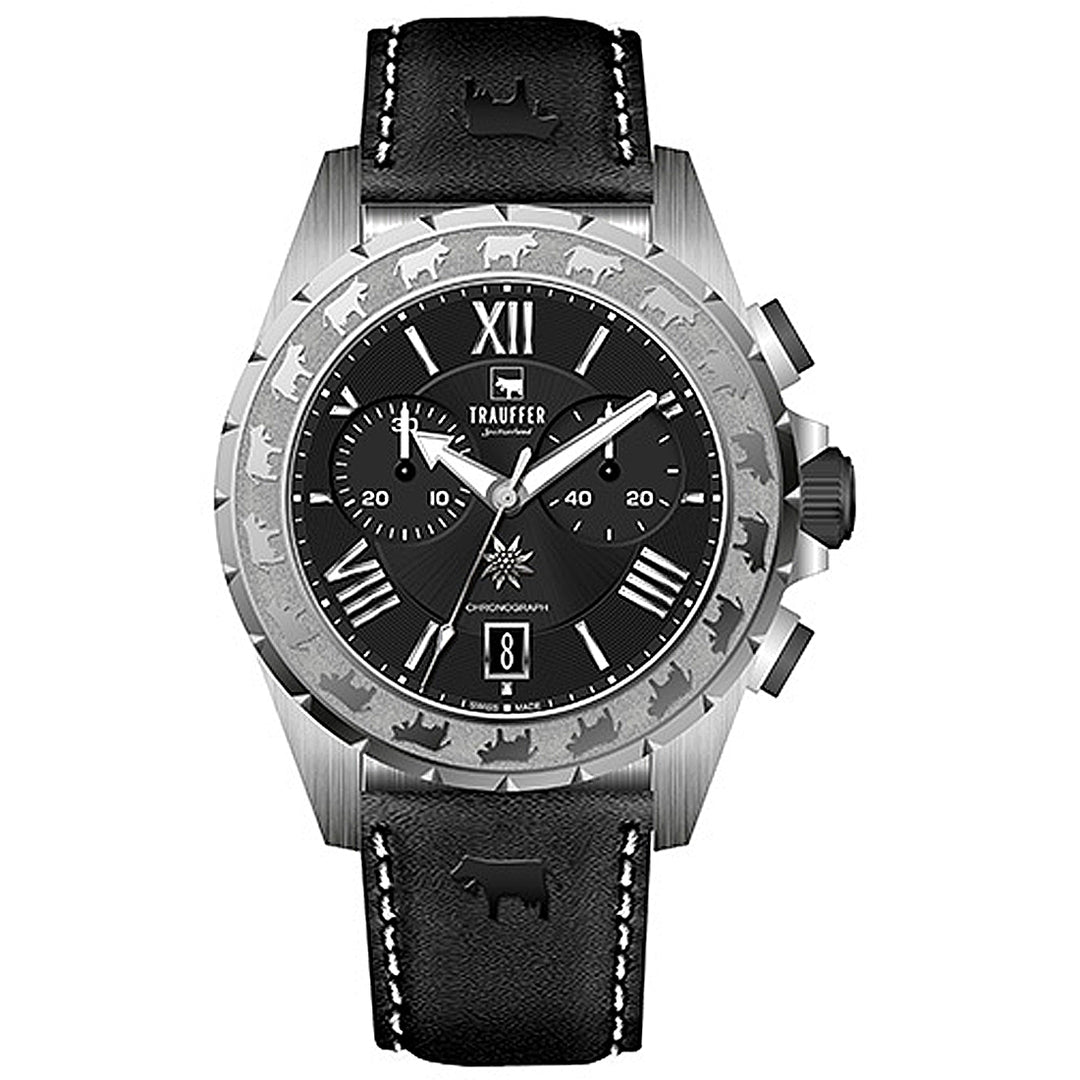 Trauffer Alpenaufzug TR-SP-02-SL-21 Stahl Q Chronograph  ZB schwarz Index Römisch Lederband 46mm
