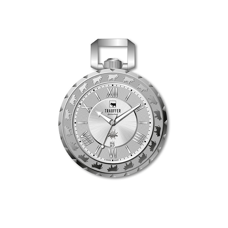 Trauffer Taschenuhr  TR-TU-01-SK-01Q stahl mit Uhrenkette 53mm