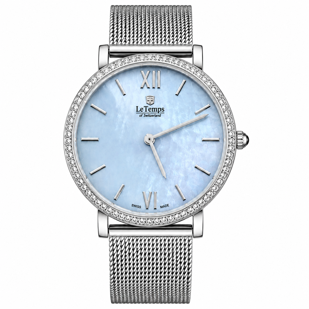 Le Temps Zafira Slim Swarovsky Q LT1086.09BS01 Stahl ZB hellblau Römisch Index 34mm