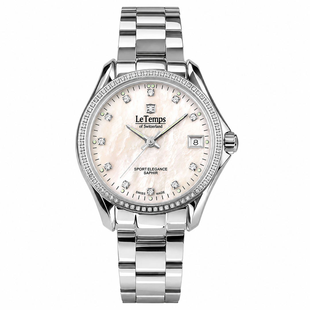 Le Temps Sport Elegance Lady 33 Q LT1030.15BS01 ZB Perlmutt weiss SW Lunette mit Swarovsky Steinen 33mm