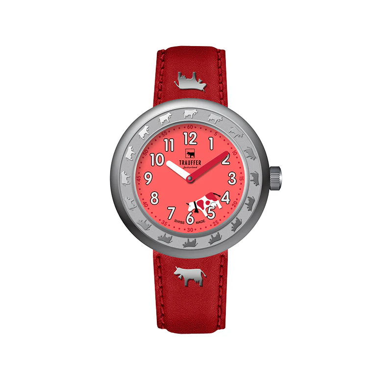 Trauffer Kids TR-AK-RE-01 Red Q Metall PVD grau ZB rot Arabisch mit Kuh Kunstleder 30mm