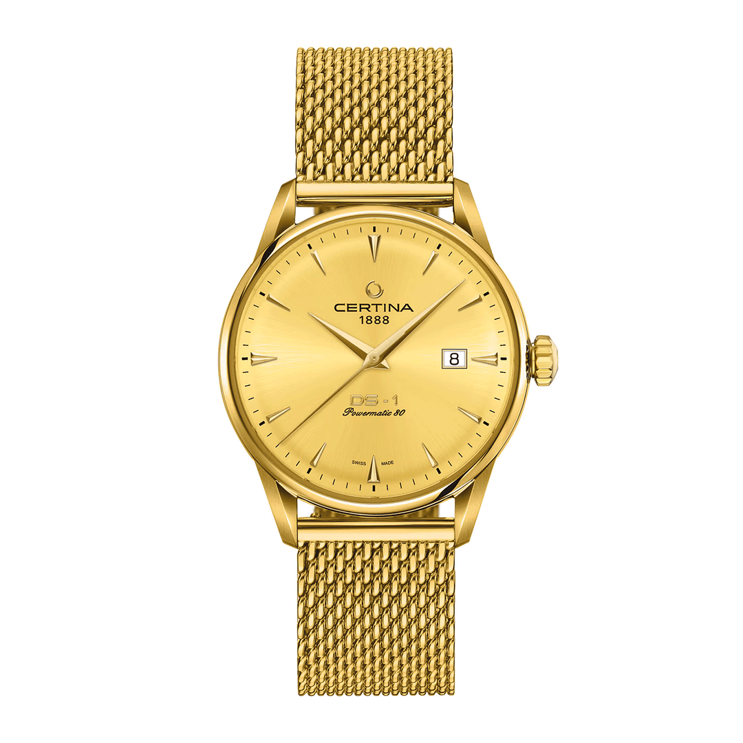 Certina DS 1 Powermatic 80 Stahl PVD gelb ZB gelb Index Band Stahl PVD gelb Milannaise 40mm
