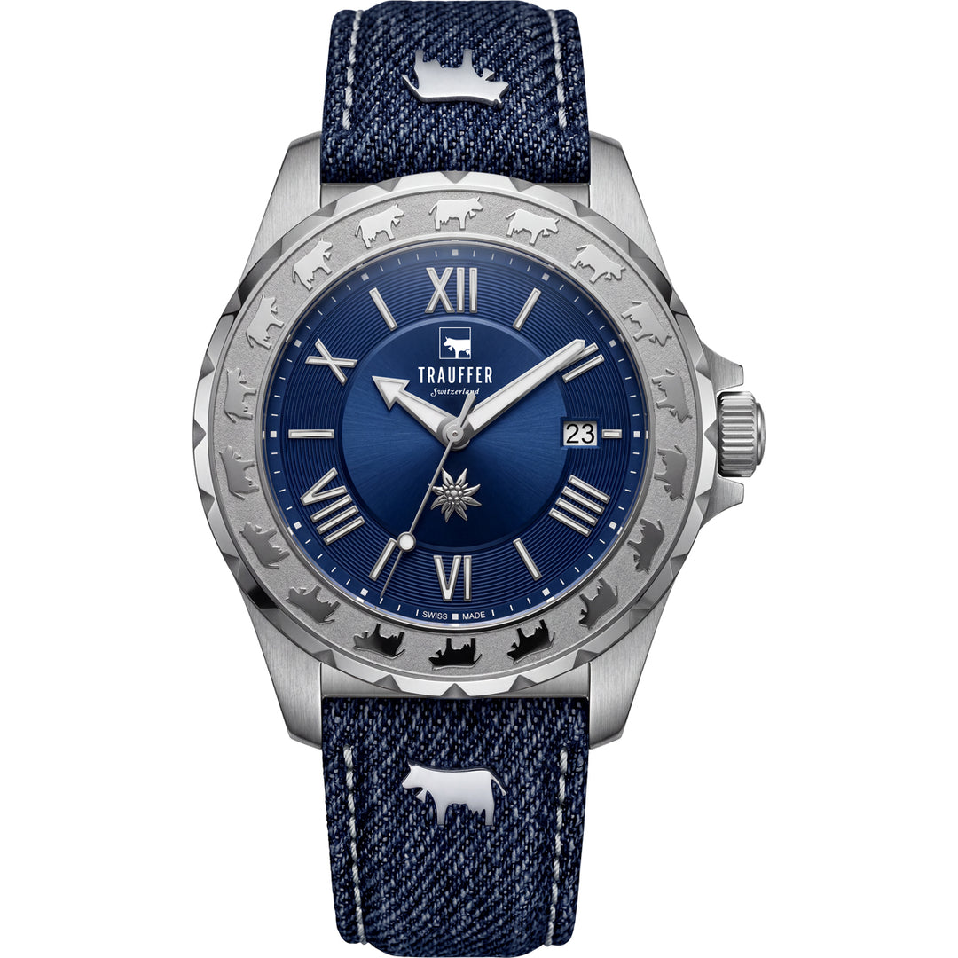 Trauffer Alpenaufzug Jeans TR-AG-03-SL-81 Q Jeans Leder ZB blau 42mm