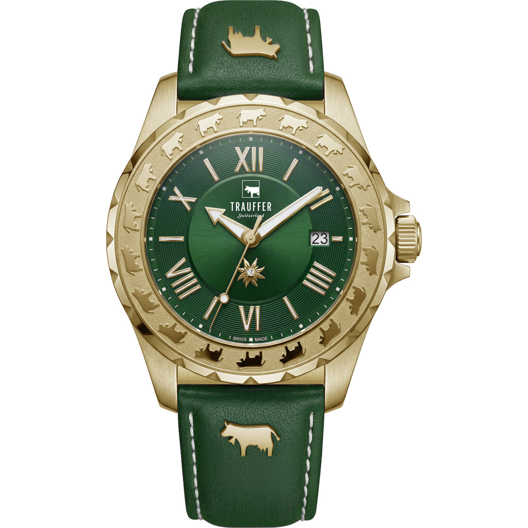 Trauffer Alpenaufzug Color TR-AL-05-GL-25 Q plaqué ZB grün Römisch Lederband grün mit Kuh