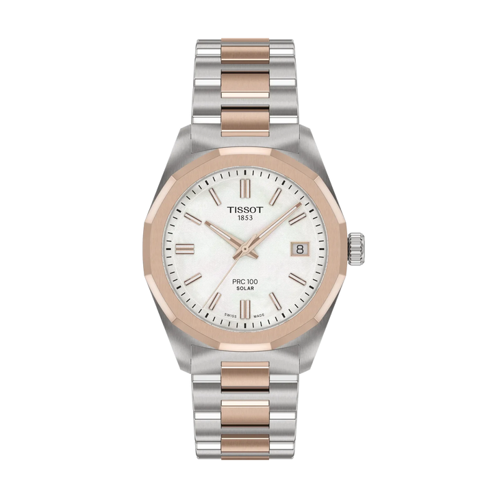 Tissot PRC 100 T151.822.22.111.00 Solar Q Stahl+ PVD rosé ZB Perlmutt weiss Index 34mm