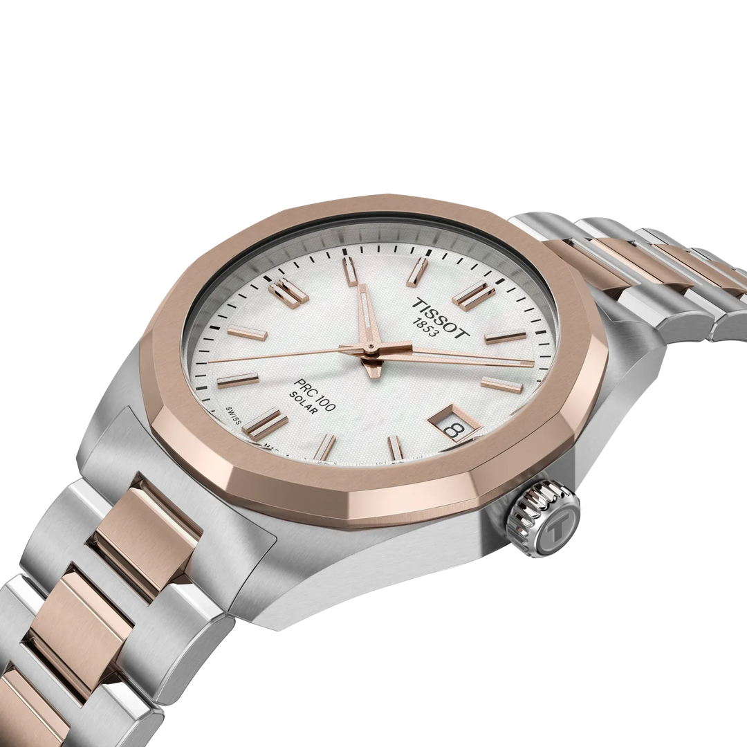 Tissot PRC 100 T151.822.22.111.00 Solar Q Stahl+ PVD rosé ZB Perlmutt weiss Index 34mm