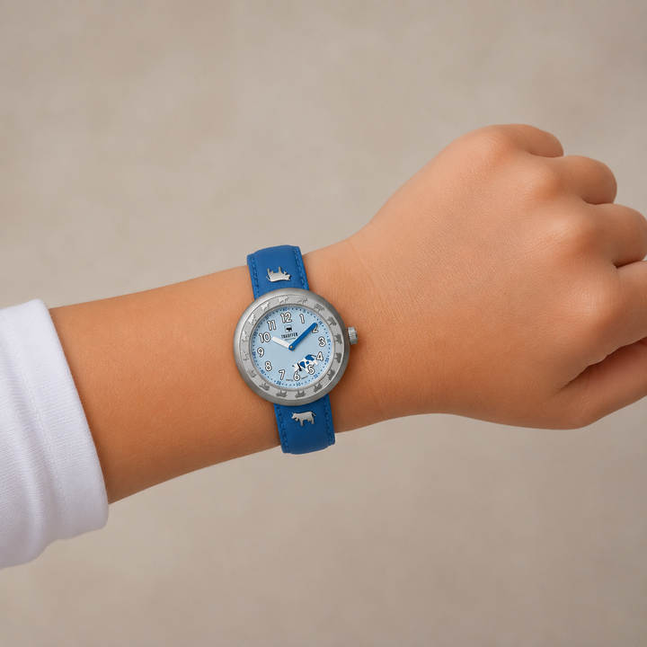 Trauffer Kids TR-AK-BL-01 blau Q Metall PVD grau ZB blau Arabisch mit Kuh Kunstleder 30mm
