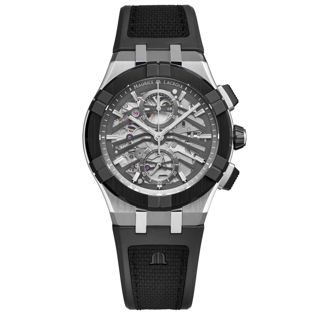 Maurice Lacroix Aikonic AC8018-SSL20-030-2 Automatic Chronograph Stahl Skelletiertes ZB Index Lunette Keramik Band Kautschuk 43mm