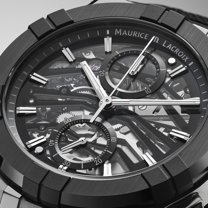 Maurice Lacroix Aikonic AC8018-SSL20-030-2 Automatic Chronograph Stahl Skelletiertes ZB Index Lunette Keramik Band Kautschuk 43mm