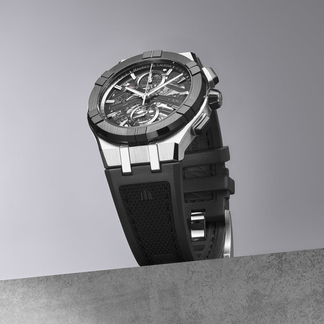 Maurice Lacroix Aikonic AC8018-SSL20-030-2 Automatic Chronograph Stahl Skelletiertes ZB Index Lunette Keramik Band Kautschuk 43mm