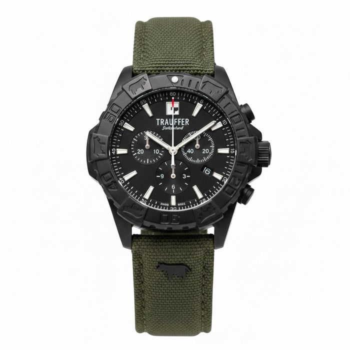 Trauffer Q Sport TR-OD-02-NT-74 Chronograph Stahl PVD schwarz ZB schwarz Index Textilband Olive 44mm