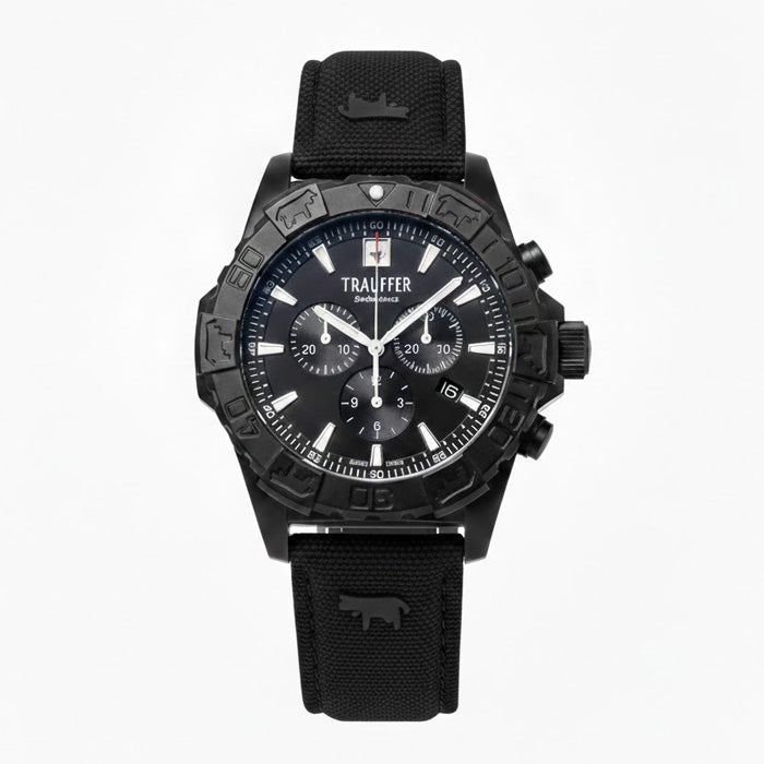 Trauffer Q Sport TR-OD-02-NT-75 Chronograph Stahl PVD schwarz ZB schwarz Index Textilband schwarz 44mm