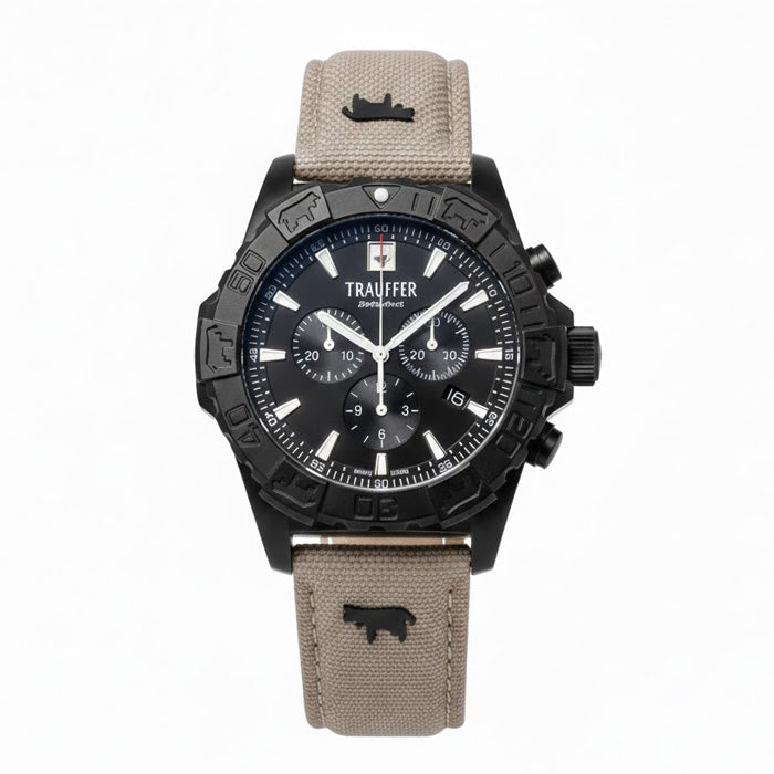 Trauffer Q Sport TR-OD-02-NT-71 Chronograph Stahl PVD schwarz ZB schwarz Index Textilband beige 44mm